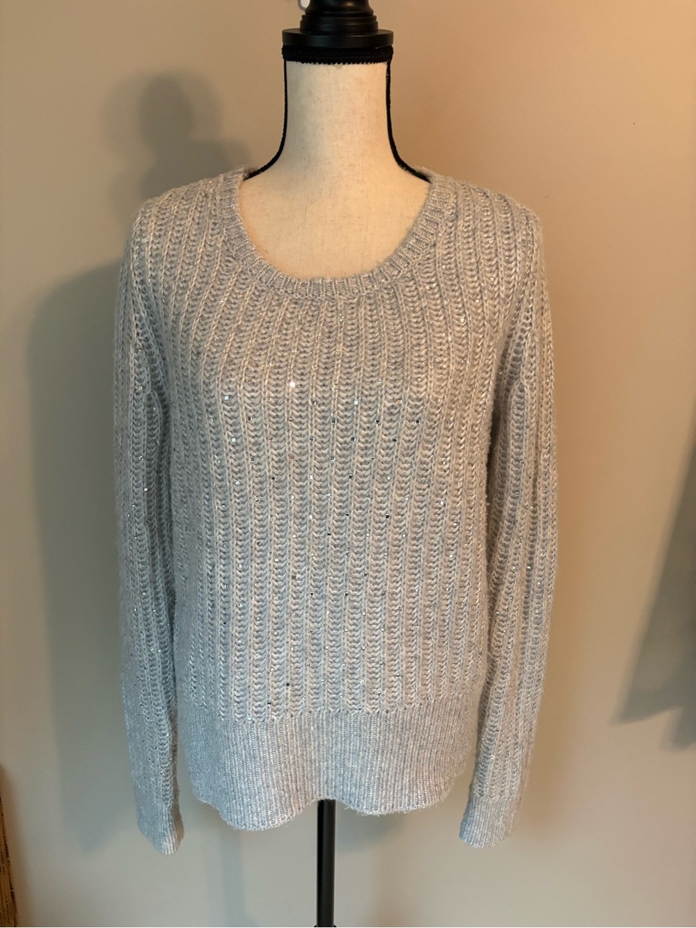 White House Black Market Light Gray Crewneck Sweater with Metallic Details